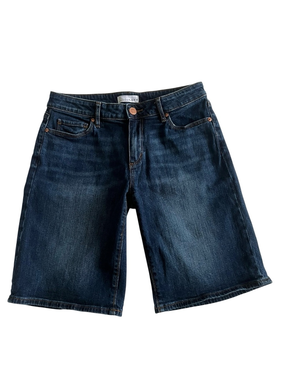 LOFT Dark Wash Denim Cuffed Bermuda Shorts Long Shorts Summer Style Size 27 / 4 - Picture 2 of 8